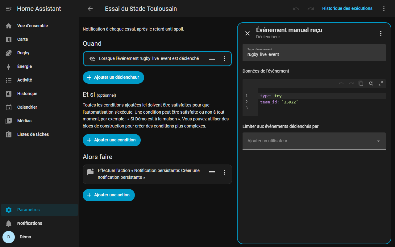 Éditeur d'automatisation : déclencheur rugby_live_event avec type try et team_id 25922, action notification